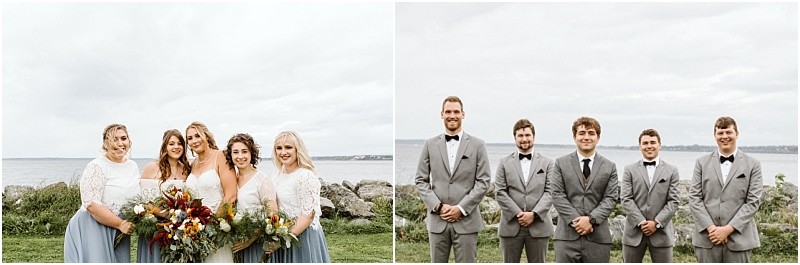 Premier snohomish & seattle wedding photographer | gsquared weddings photography a split image from a snohomish seattle wedding shows five bridesmaids in white tops and blue skirts with bouquets on the left and five groomsmen in grey suits with black bow ties on the right all standing outdoors by water | serving snohomish seattle                   & beyond