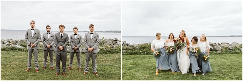 Premier snohomish & seattle wedding photographer | gsquared weddings photography side by side photos on the left five groomsmen in grey suits stand near rocks and water on the right the bride and six bridesmaids in blue dresses smile together by the water at this beautiful snohomish seattle wedding | serving snohomish seattle                   & beyond