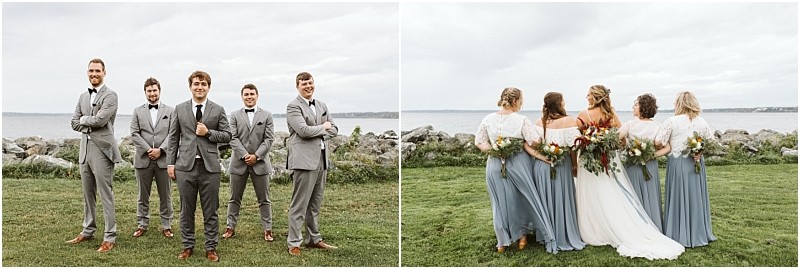 Premier snohomish & seattle wedding photographer | gsquared weddings photography two photos side by side on the left five men in grey suits stand on grass by water on the right five women with bouquets in hand face the watercapturing a special snohomish seattle wedding moment | serving snohomish seattle                   & beyond