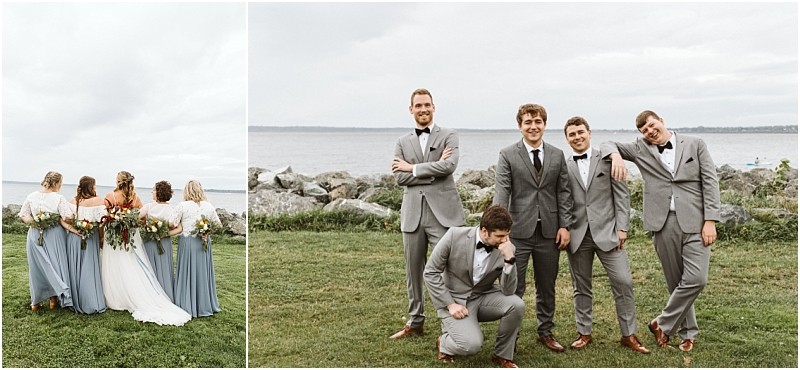 Premier snohomish & seattle wedding photographer | gsquared weddings photography two wedding party photos by a snohomish lakeside left four women in blue skirts and shawls stand with the bride backs to the camera right four groomsmen in gray suits pose playfully facing the camera at this seattle wedding | serving snohomish seattle                   & beyond