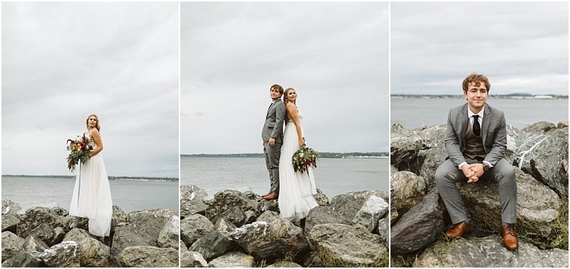 Premier snohomish & seattle wedding photographer | gsquared weddings photography a bride in a white dress and groom in a grey suit pose on a rocky shore by the water under a cloudy sky this dreamy snohomish seattle wedding engagement features romantic moments with a bouquet and varied poses | serving snohomish seattle                   & beyond
