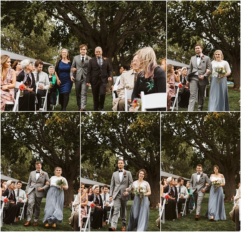 Premier snohomish & seattle wedding photographer | gsquared weddings photography a collage of six outdoor snohomish wedding photos shows pairs walking down an aisle lined with guests under large trees Some hold flowers and wear formal attire surrounded by greenery and white chairs perfect for a seattle engagement | serving snohomish seattle                   & beyond