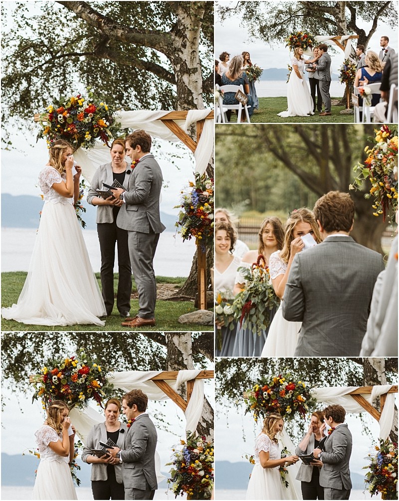 Premier snohomish & seattle wedding photographer | gsquared weddings photography a collage of snohomish outdoor wedding ceremony photos shows a bride in a white dress and a groom in a gray suit exchanging vows and rings under a floral arch with guests and bridesmaids watching and smiling | serving snohomish seattle                   & beyond