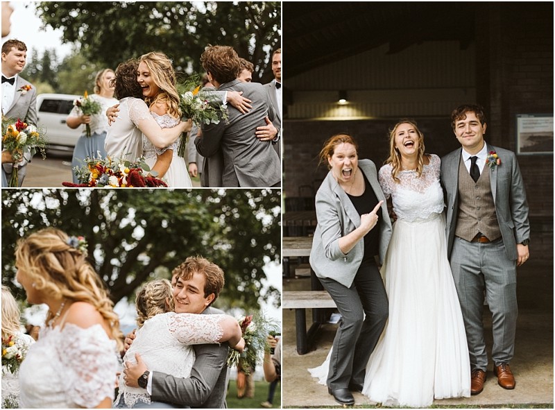 Premier snohomish & seattle wedding photographer | gsquared weddings photography a collage of snohomish wedding photos shows a bride and groom celebrating with guests hugging and smiling outdoors and posing happily together with another person under a shelter near seattle | serving snohomish seattle                   & beyond