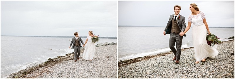 Premier snohomish & seattle wedding photographer | gsquared weddings photography two photos of a bride and groom walking hand in hand along a rocky beach near seattle smiling happily The bride holds a bouquet and wears a white gown while the groom wears a gray suit The ocean and sky frame this perfect wedding moment | serving snohomish seattle                   & beyond