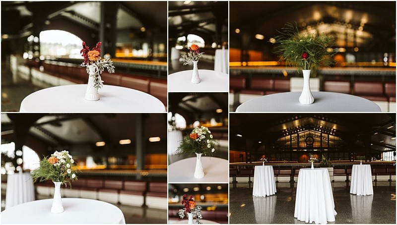 Premier snohomish & seattle wedding photographer | gsquared weddings photography a collage of snohomish event tables covered with white cloths each with a white vase holding colorful floral arrangements set in a spacious elegant indoor seattle wedding venue with high ceilings and warm lighting | serving snohomish seattle                   & beyond
