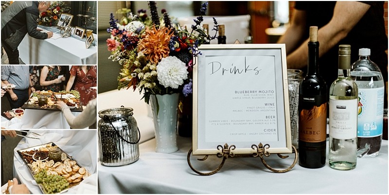 Premier snohomish & seattle wedding photographer | gsquared weddings photography a collage shows people serving themselves food from a buffet and a close up of a drink station with wine water cider flowers and a framed drinks menu on a white tablecloth at a snohomish seattle wedding engagement | serving snohomish seattle                   & beyond