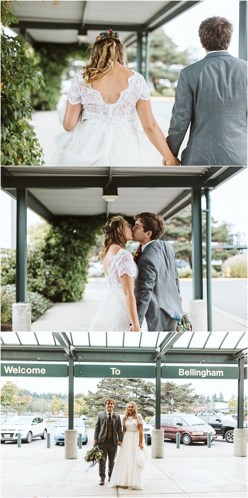 Premier snohomish & seattle wedding photographer | gsquared weddings photography a bride and groom holding hands and walking outside kissing under a covered walkway then walking together smiling beneath a welcome to bellingham sign Capturing the joy of a snohomish seattle wedding the bride wears white and the groom a gray suit | serving snohomish seattle                   & beyond