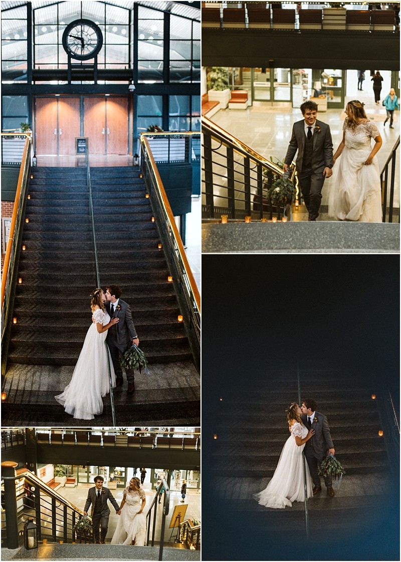 Premier snohomish & seattle wedding photographer | gsquared weddings photography a collage of four photos shows a snohomish seattle wedding with a bride and groom in wedding attire at a grand train station posing on a large staircase holding hands and smiling at each other under a clock | serving snohomish seattle                   & beyond