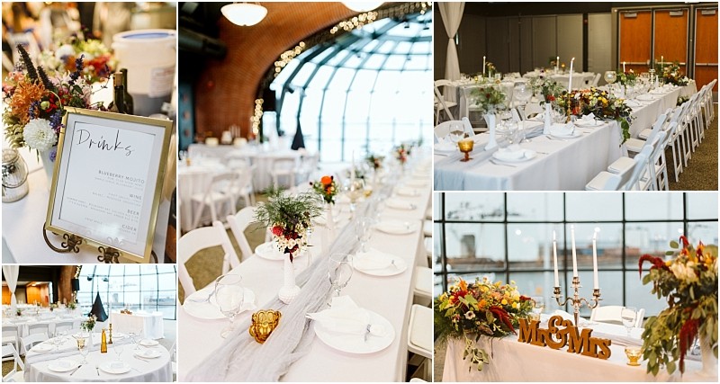 Premier snohomish & seattle wedding photographer | gsquared weddings photography a collage of elegant snohomish wedding reception tables with white linens floral centerpieces candles and gold accents Mr & mrs sign decorates the head table One image shows a framed drinks menu Large windows provide natural light | serving snohomish seattle                   & beyond