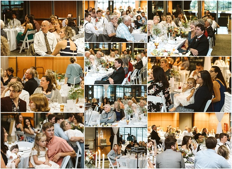 Premier snohomish & seattle wedding photographer | gsquared weddings photography a collage of snohomish wedding reception guests seated at round tables attentively watching an event The diverse group includes adults and children with floral centerpieces and elegant decor visible | serving snohomish seattle                   & beyond