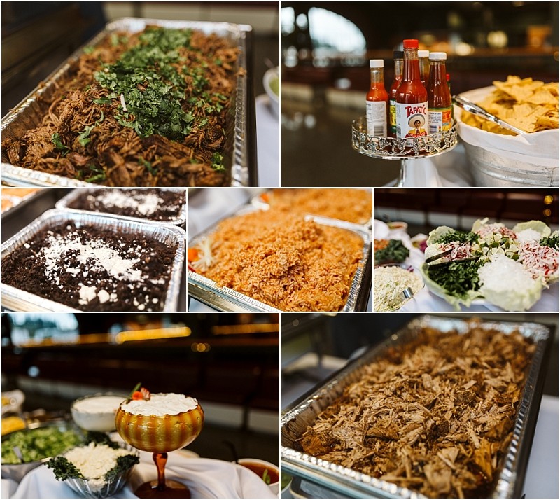Premier snohomish & seattle wedding photographer | gsquared weddings photography a collage shows trays of mexican food including shredded meat black beans with cheese rice salads chips and bottles of hot sauce displayed on a buffet table at a snohomish seattle wedding engagement celebration | serving snohomish seattle                   & beyond