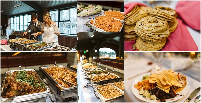 Premier snohomish & seattle wedding photographer | gsquared weddings photography a collage shows a couple serving food from a buffet at a festive indoor snohomish seattle wedding with trays of mexican dishes like rice and meat stacks of tortillas and a plate loaded with chips rice and various toppings | serving snohomish seattle                   & beyond