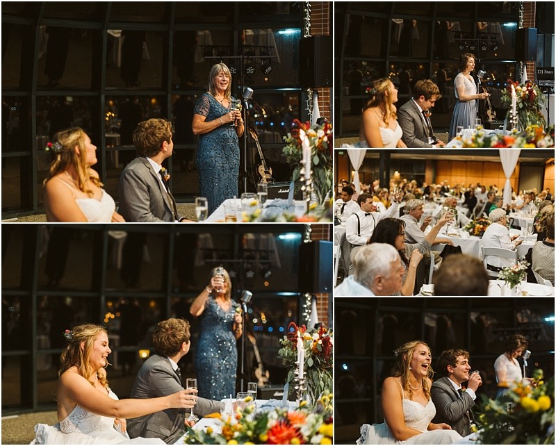 Premier snohomish & seattle wedding photographer | gsquared weddings photography a woman in a blue dress gives a speech at a snohomish wedding reception The bride and groom celebrating their seattle engagement smile and laugh with guests in a warmly lit festive venue adorned with flowers | serving snohomish seattle                   & beyond