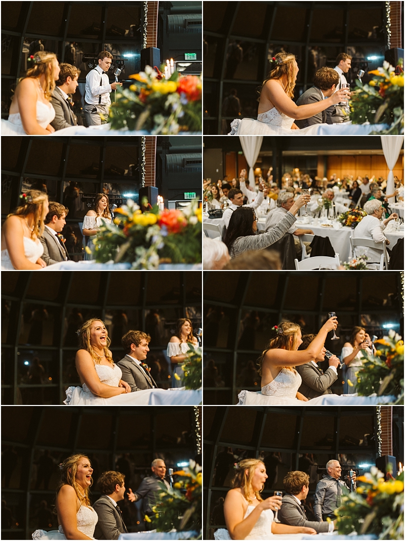 Premier snohomish & seattle wedding photographer | gsquared weddings photography a series of photos shows a bride and groom laughing and raising glasses during speeches at their snohomish wedding reception surrounded by guests seated at decorated tables with flowers | serving snohomish seattle                   & beyond