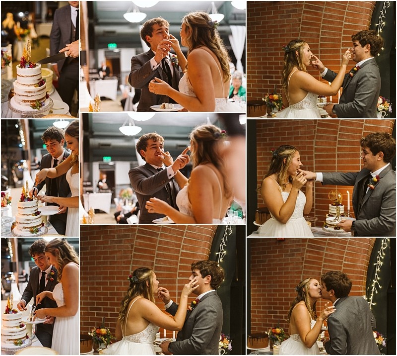 Premier snohomish & seattle wedding photographer | gsquared weddings photography a collage of nine photos shows a snohomish bride and groom playfully feeding each other cake and laughing during their wedding reception with a brick wall and decorated venue setting the joyful seattle celebration scene | serving snohomish seattle                   & beyond