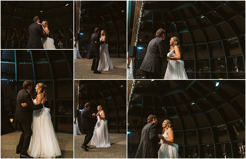 Premier snohomish & seattle wedding photographer | gsquared weddings photography a bride and groom share their first dance at their snohomish wedding reception smiling and holding each other on a dimly lit dance floor beneath a domed ceiling with string lights | serving snohomish seattle                   & beyond