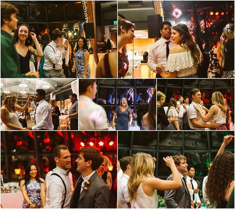 Premier snohomish & seattle wedding photographer | gsquared weddings photography a collage of wedding guests dancing laughing and socializing in a warmly lit snohomish venue with large windows and festive lights capturing joyful moments on the dance floor during a seattle wedding engagement celebration | serving snohomish seattle                   & beyond
