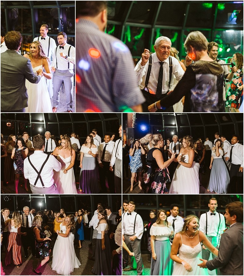 Premier snohomish & seattle wedding photographer | gsquared weddings photography a collage of snohomish wedding reception photos shows guests including the bride in a white dress dancing laughing and enjoying the celebration under colorful lights The joyful atmosphere perfectly captures a vibrant seattle wedding event | serving snohomish seattle                   & beyond