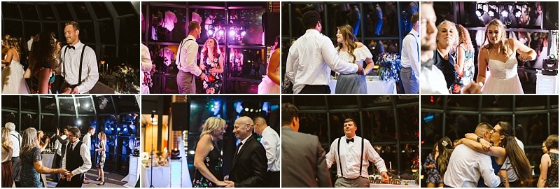 Premier snohomish & seattle wedding photographer | gsquared weddings photography a collage of eight photos shows guests dancing talking and celebrating at a vibrant indoor evening wedding reception near seattle and snohomish with colorful lights and a lively atmosphere | serving snohomish seattle                   & beyond
