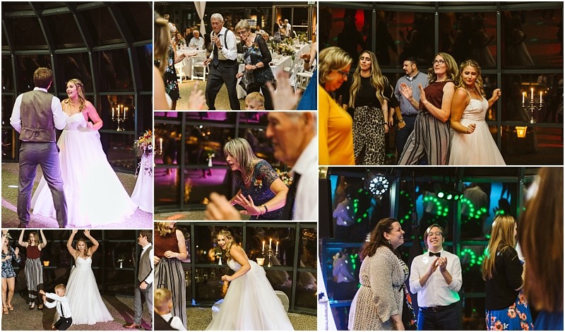 Premier snohomish & seattle wedding photographer | gsquared weddings photography collage of snohomish wedding reception photos showing guests dancing laughing and celebrating together The bride in a white dress dances with the groom and others in a warmly lit venue with joyful festive energy | serving snohomish seattle                   & beyond