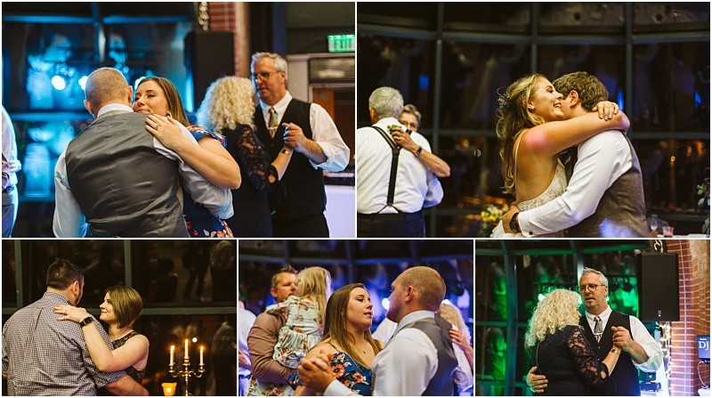 Premier snohomish & seattle wedding photographer | gsquared weddings photography collage of four photos showing couples slow dancing at an indoor snohomish wedding event dressed in formal attire The background features dim lighting large windows and festive decor for a warm celebratory atmosphere | serving snohomish seattle                   & beyond