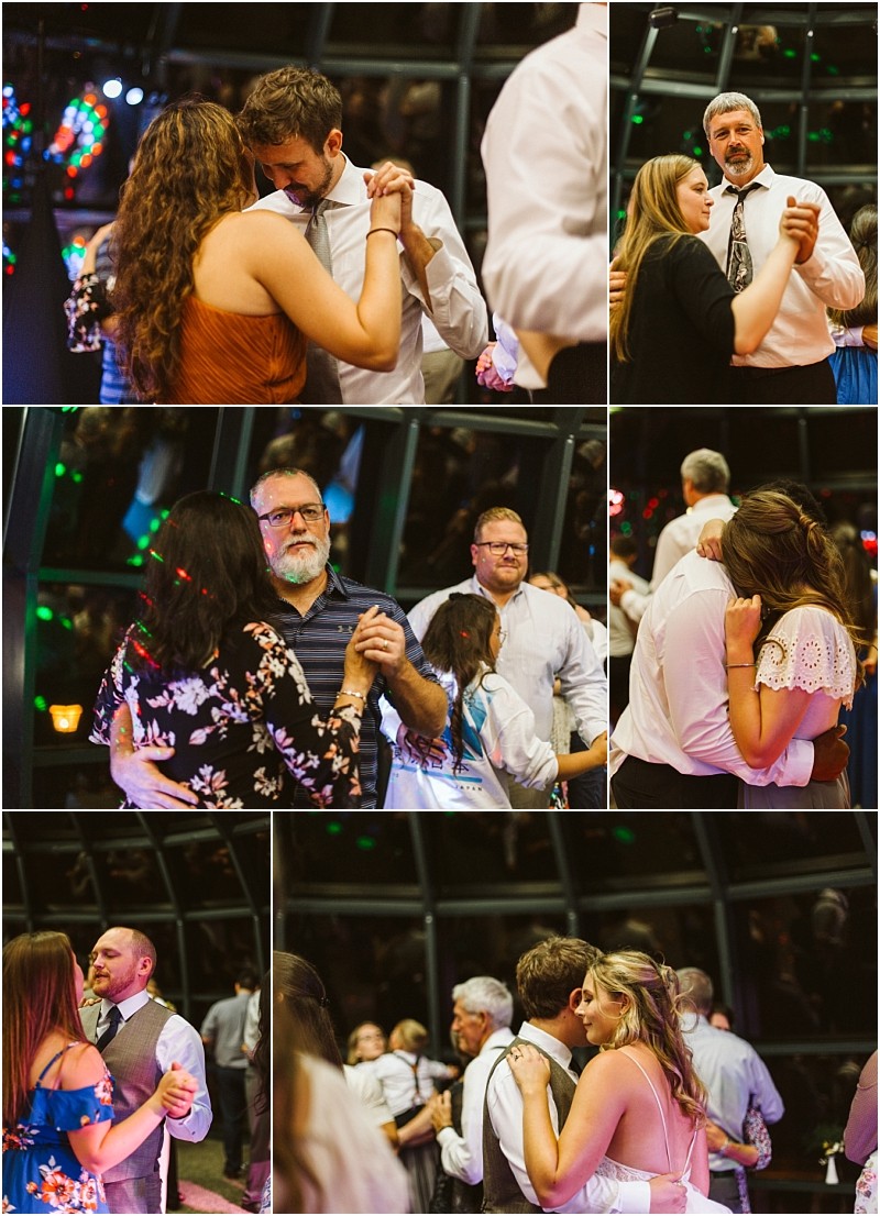 Premier snohomish & seattle wedding photographer | gsquared weddings photography a collage of five photos shows couples of various ages slow dancing at an indoor snohomish wedding reception near seattle with festive lights and formally dressed guests in the background | serving snohomish seattle                   & beyond