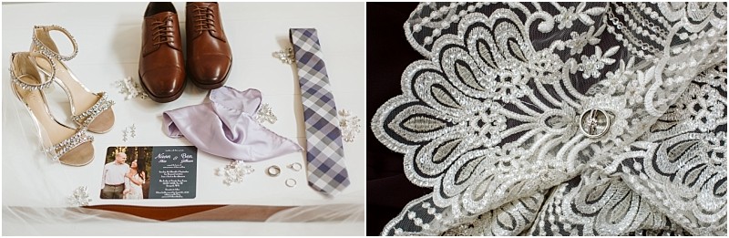 Premier snohomish & seattle wedding photographer | gsquared weddings photography a wedding flat lay features brown dress shoes sparkling heels a lavender tie and pocket square a plaid tie rings an invitation and lace fabric with a ringperfect inspiration for your snohomish or seattle wedding engagement | serving snohomish seattle                   & beyond
