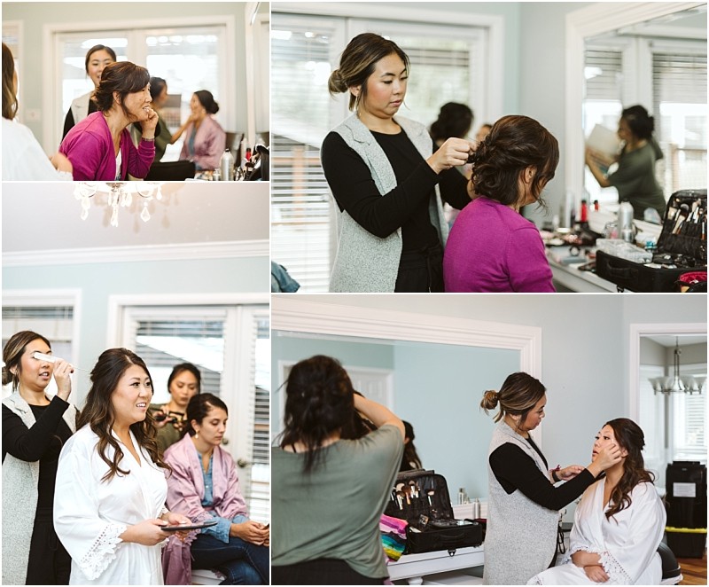 Premier snohomish & seattle wedding photographer | gsquared weddings photography a collage of four images shows women getting their hair and makeup done in a bright room with large mirrors and windowsperfect for a snohomish or seattle wedding or engagement as stylists prep the clients in robes | serving snohomish seattle                   & beyond