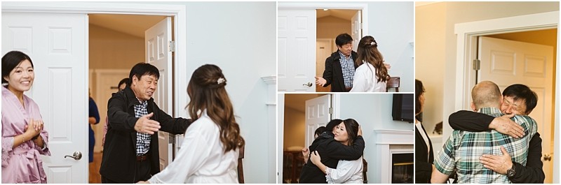 Premier snohomish & seattle wedding photographer | gsquared weddings photography a collage of photos showing people greeting and hugging each other in a warmly lit home with expressions of joy and welcomecapturing the warmth of a snohomish seattle wedding engagement as guests arrive and embrace near the doorway | serving snohomish seattle                   & beyond