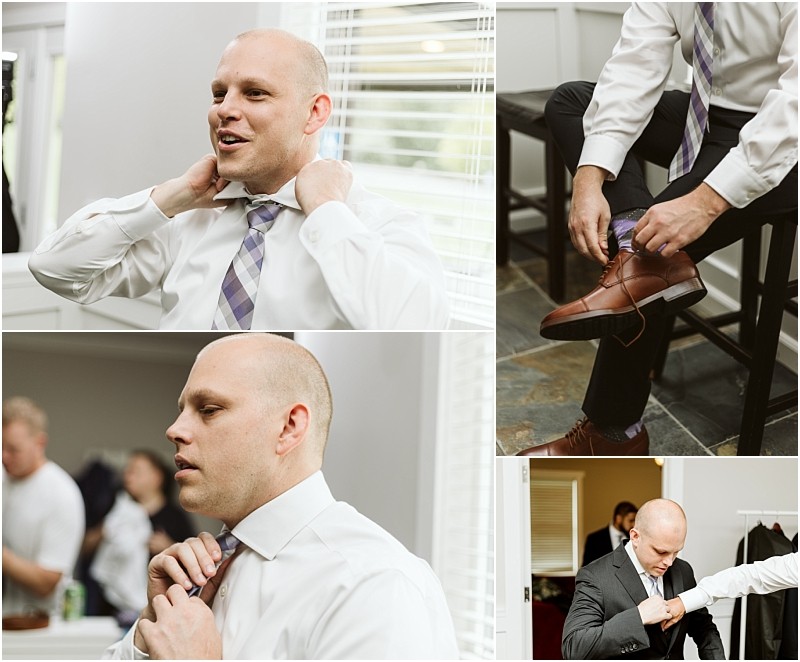 Premier snohomish & seattle wedding photographer | gsquared weddings photography a man prepares for a formal snohomish wedding adjusting his tie slipping on brown dress shoes and donning a suit jacket in a bright room filled with natural light streaming through the windows | serving snohomish seattle                   & beyond