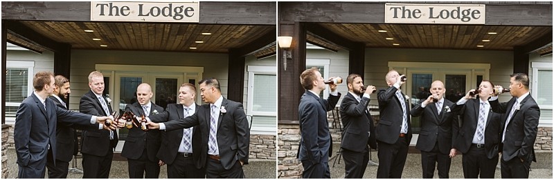 Premier snohomish & seattle wedding photographer | gsquared weddings photography six men in suits stand outside a building labeled the lodge raising and drinking beer bottles together smiling and celebrating a snohomish seattle wedding in a casual outdoor setting | serving snohomish seattle                   & beyond