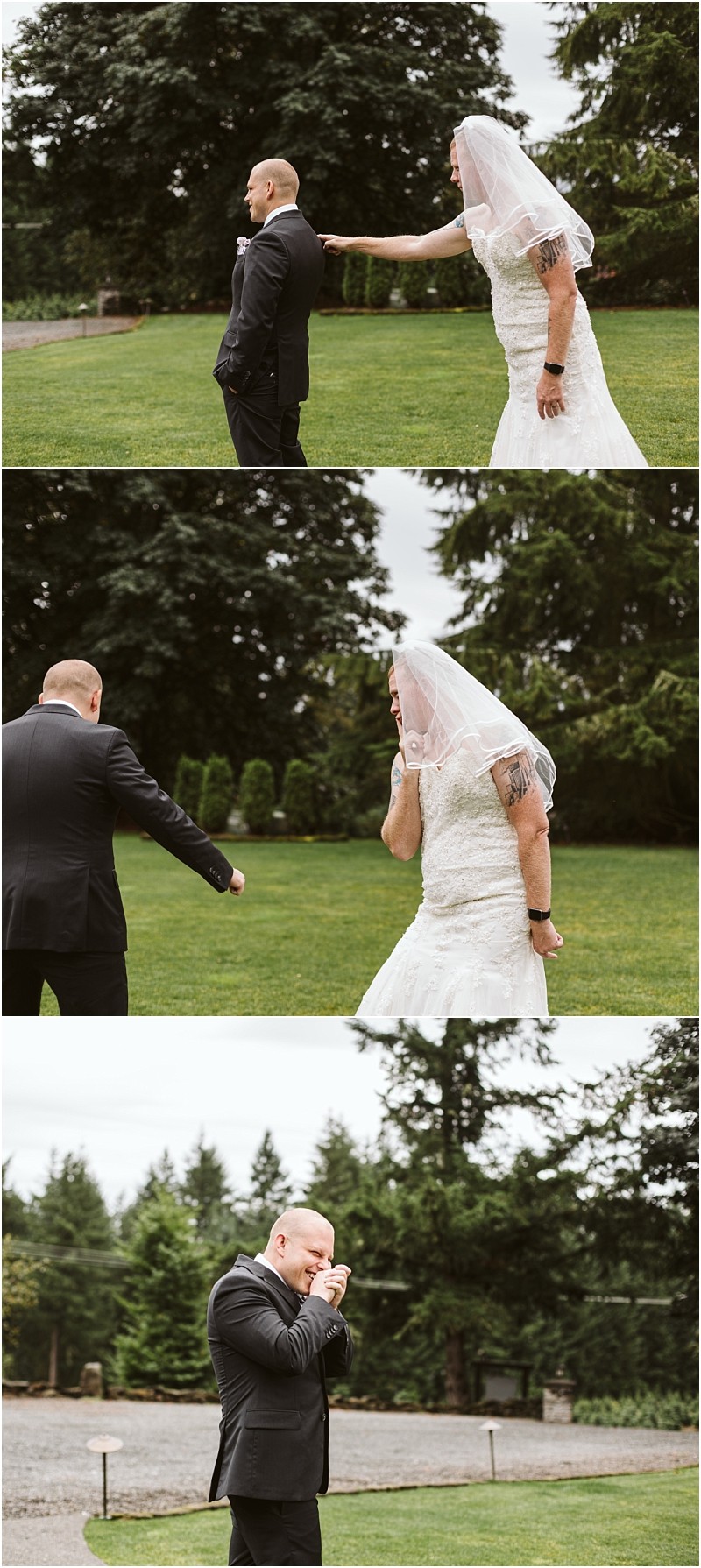 Premier snohomish & seattle wedding photographer | gsquared weddings photography three photos capture a snohomish bride in a white dress and veil surprising her groom outdoors He reacts emotionally walking away with tears while she smiles under her veil surrounded by trees and grass at this seattle wedding engagement | serving snohomish seattle                   & beyond