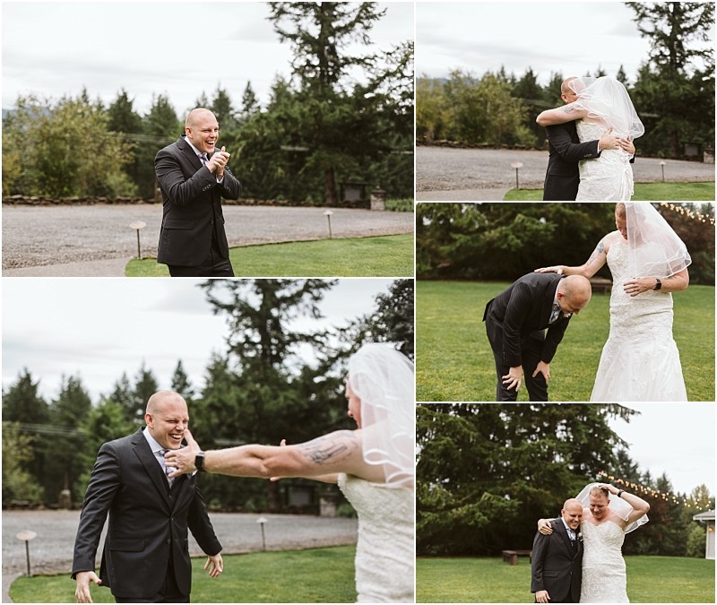 Premier snohomish & seattle wedding photographer | gsquared weddings photography a man in a suit is joyfully surprised and emotional during a first look with a bride in a white dress and veil at their snohomish seattle wedding They hug laugh and walk together outdoors on a grassy lawn with trees behind them | serving snohomish seattle                   & beyond
