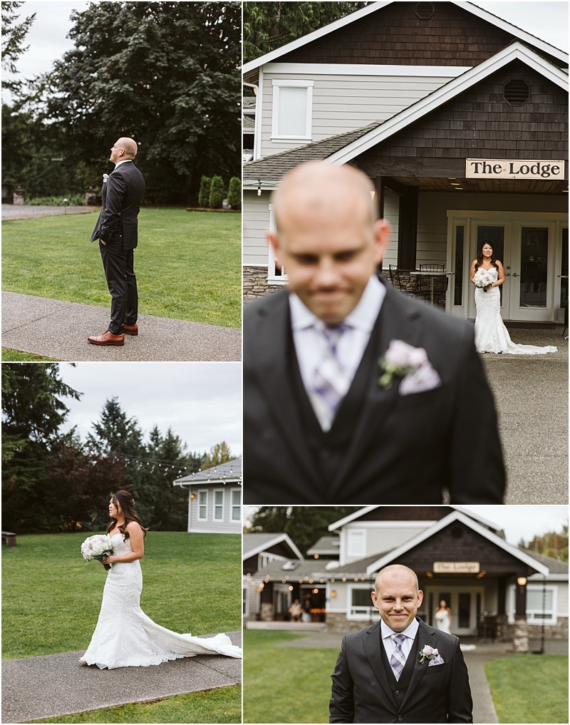 Premier snohomish & seattle wedding photographer | gsquared weddings photography a bride in a white gown approaches her groom for their first look outside a snohomish lodge they stand on a path and lawn with trees and the lodge building in the backgroundperfect for a seattle wedding engagement | serving snohomish seattle                   & beyond