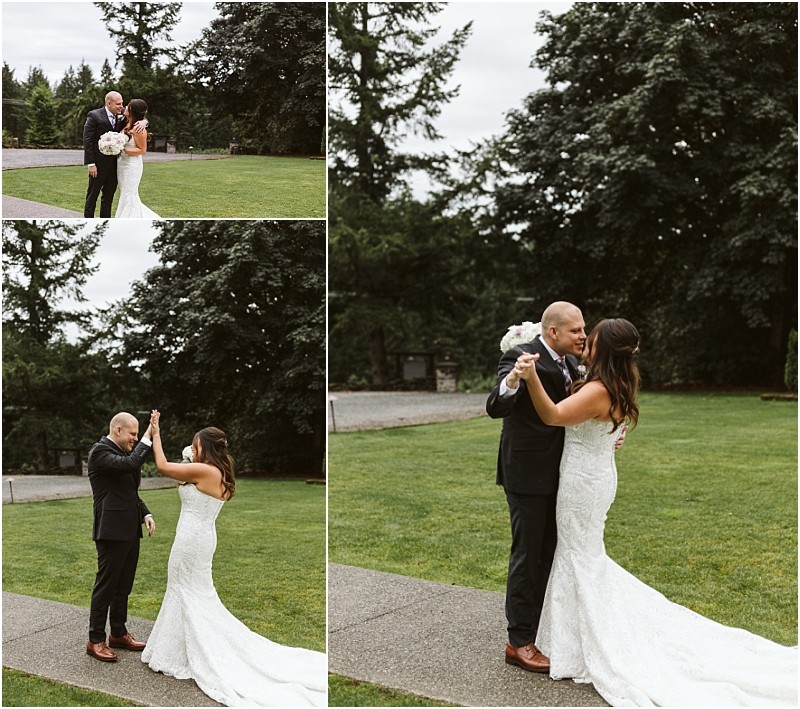 Premier snohomish & seattle wedding photographer | gsquared weddings photography three photos show a bride in a white gown and groom in a black suit outdoors sharing a joyful first look and high fiving on a grassy lawn with tall treescapturing the pure happiness of their snohomish seattle wedding | serving snohomish seattle                   & beyond