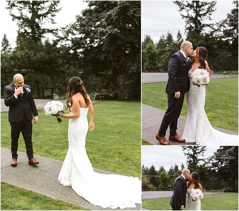 Premier snohomish & seattle wedding photographer | gsquared weddings photography a groom becomes emotional seeing his bride in a white lace gown holding a bouquet as they share a sweet moment outdoors on a green lawn with tall treesan unforgettable snohomish seattle wedding memory | serving snohomish seattle                   & beyond