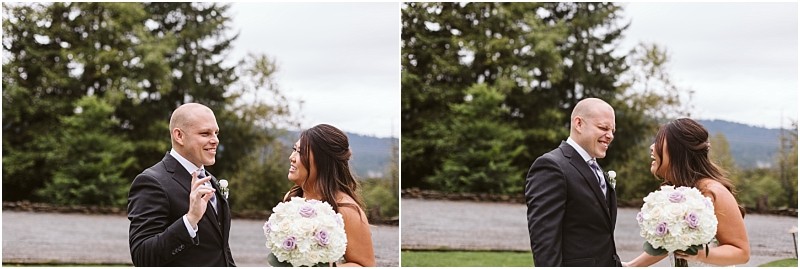 Premier snohomish & seattle wedding photographer | gsquared weddings photography two images side by side show a bride and groom outdoors at their snohomish seattle wedding The groom in a suit smiles holding a small object while the bride in a white dress with bouquet laughs Trees and hills are visible in the background | serving snohomish seattle                   & beyond