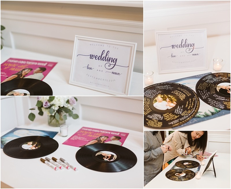 Premier snohomish & seattle wedding photographer | gsquared weddings photography a wedding guest book table at a snohomish seattle wedding features vinyl records metallic markers candles flowers and a framed sign inviting guests to sign the records with messages celebrating the couples engagement | serving snohomish seattle                   & beyond