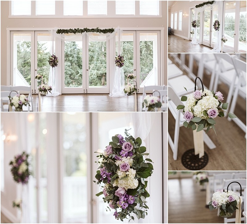 Premier snohomish & seattle wedding photographer | gsquared weddings photography collage of a bright indoor snohomish wedding venue with large windows white chairs and floral arrangements featuring white lavender and purple flowers with greenery adorning the aisle and altar area | serving snohomish seattle                   & beyond