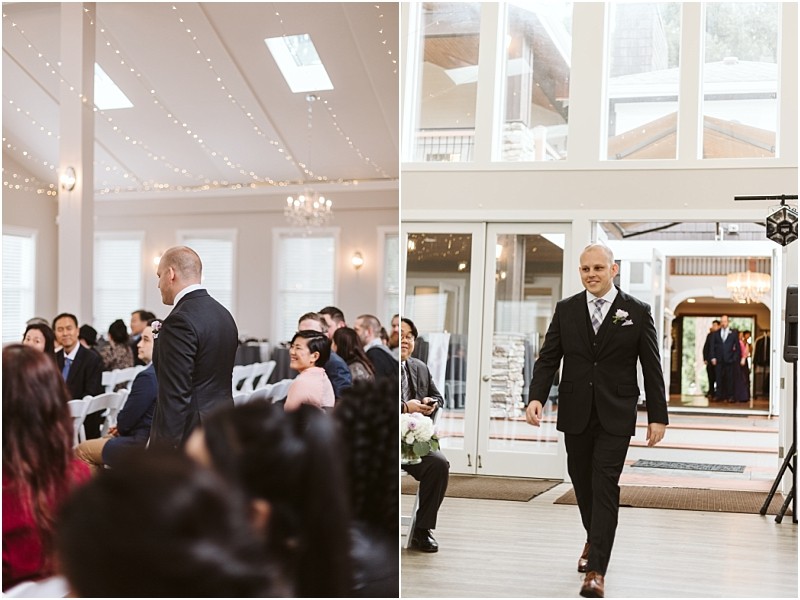 Premier snohomish & seattle wedding photographer | gsquared weddings photography two photos side by side show a man in a suit at a snohomish wedding event On the left he walks down an aisle past seated guests on the right he enters a bright venue with large windows smiling and holding his hands at his sides | serving snohomish seattle                   & beyond