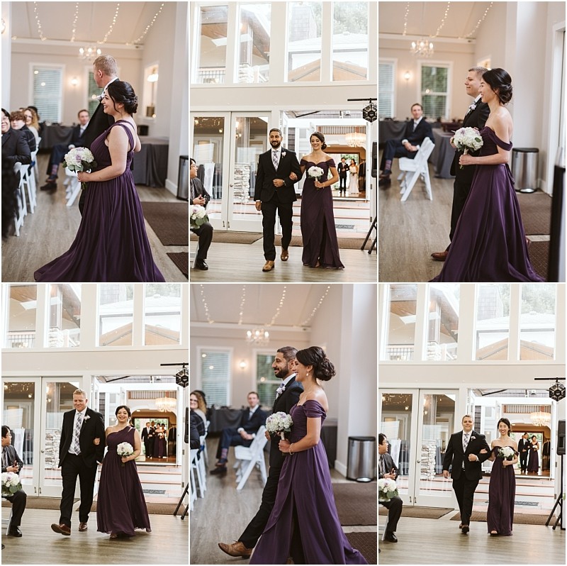 Premier snohomish & seattle wedding photographer | gsquared weddings photography a wedding party walks down the aisle in a bright room with large windows at a stunning snohomish seattle wedding bridesmaids wear purple dresses groomsmen wear dark suits each pair smiling and carrying bouquets | serving snohomish seattle                   & beyond