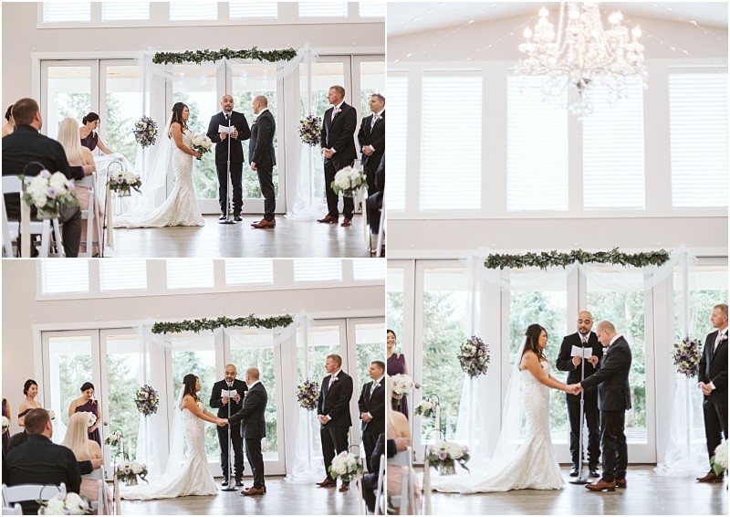 Premier snohomish & seattle wedding photographer | gsquared weddings photography three photos capture a snohomish wedding as the bride and groom exchange vows with their officiant surrounded by bridesmaids and groomsmen Large windows and a chandelier create an elegant indoor seattle wedding ambiance | serving snohomish seattle                   & beyond