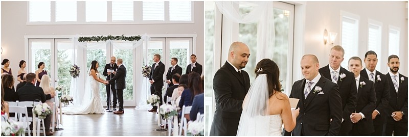 Premier snohomish & seattle wedding photographer | gsquared weddings photography a bride and groom stand at the altar during a bright elegant indoor snohomish wedding ceremony with guests seated on both sides and groomsmen and bridesmaids nearby | serving snohomish seattle                   & beyond