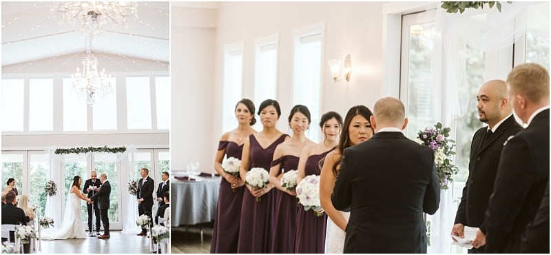 Premier snohomish & seattle wedding photographer | gsquared weddings photography a snohomish wedding ceremony indoors the couple stands at the altar with an officiant and groomsmen while five bridesmaids in matching purple dresses hold bouquets beside large windows | serving snohomish seattle                   & beyond