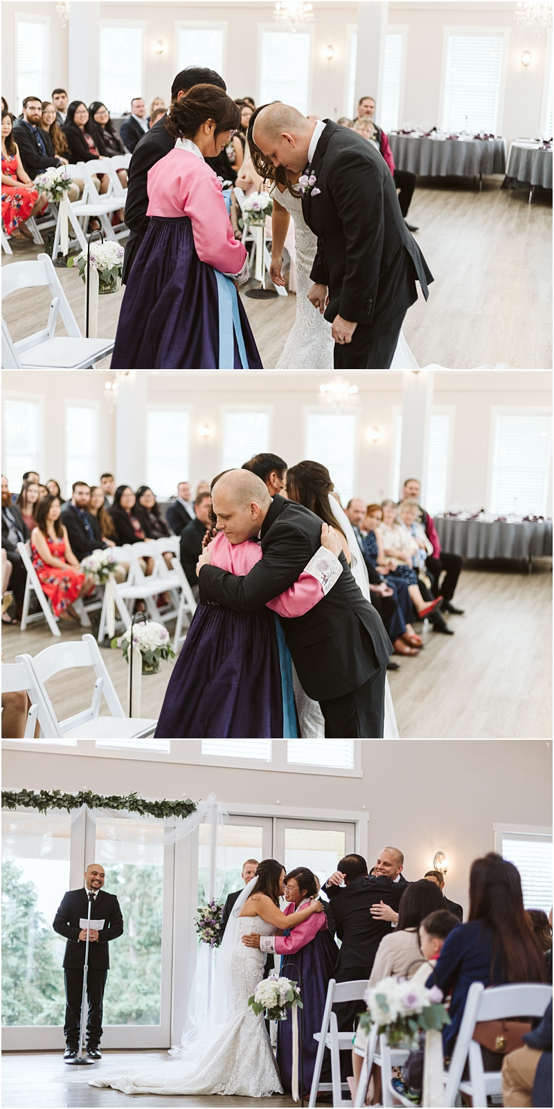 Premier snohomish & seattle wedding photographer | gsquared weddings photography at a snohomish wedding venue near seattle a bride and groom in traditional attire tearfully hug their parents as emotional guests look on capturing the heartfelt spirit of this unforgettable wedding engagement | serving snohomish seattle                   & beyond