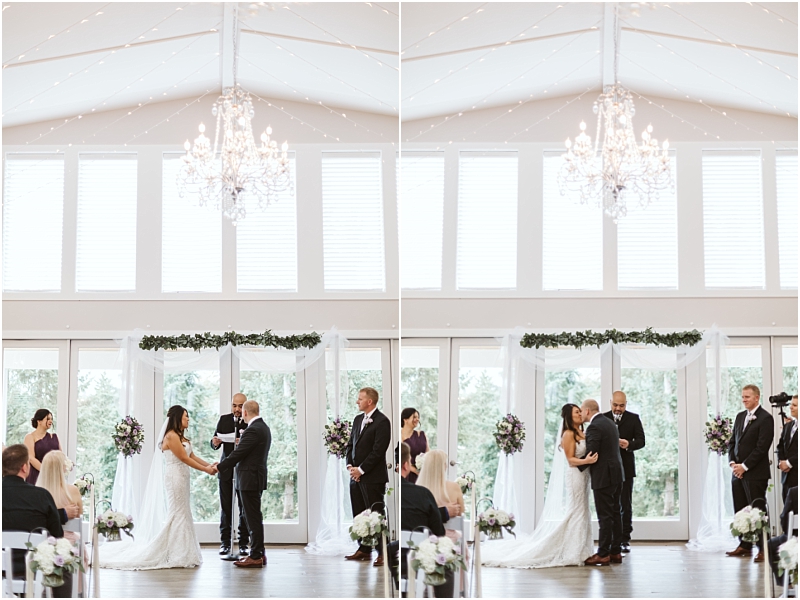 Premier snohomish & seattle wedding photographer | gsquared weddings photography two photos side by side show a bride and groom standing under a white floral arch indoors holding hands during their snohomish wedding ceremony with guests seated and officiant speaking | serving snohomish seattle                   & beyond