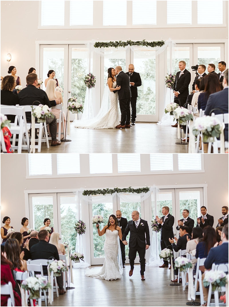 Premier snohomish & seattle wedding photographer | gsquared weddings photography a bride and groom stand together at the altar during their indoor snohomish wedding ceremony surrounded by guests In the next moment they walk down the aisle smiling hand in hand as newlyweds | serving snohomish seattle                   & beyond