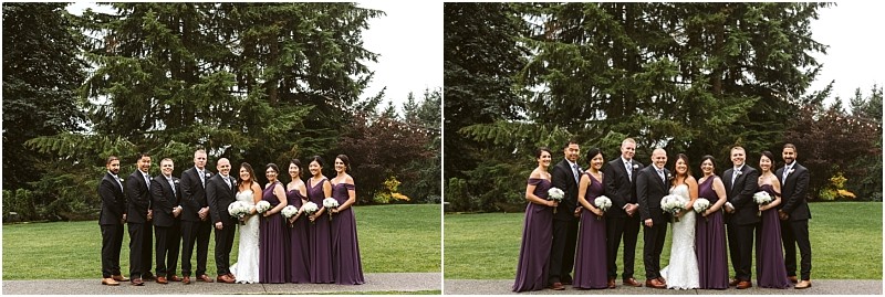 Premier snohomish & seattle wedding photographer | gsquared weddings photography two group photos of a snohomish wedding party in formal attire standing outdoors on grass with tall evergreen trees in the background Bridesmaids wear purple dresses groomsmen black suits and the bride holds a bouquet of white flowers | serving snohomish seattle                   & beyond