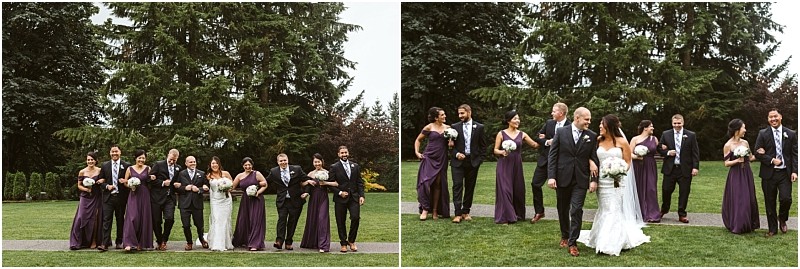 Premier snohomish & seattle wedding photographer | gsquared weddings photography a joyful snohomish wedding party poses outdoors on grass with bridesmaids in purple dresses and groomsmen in black suits walking arm in arm with the bride and groom framed by tall evergreen trees | serving snohomish seattle                   & beyond
